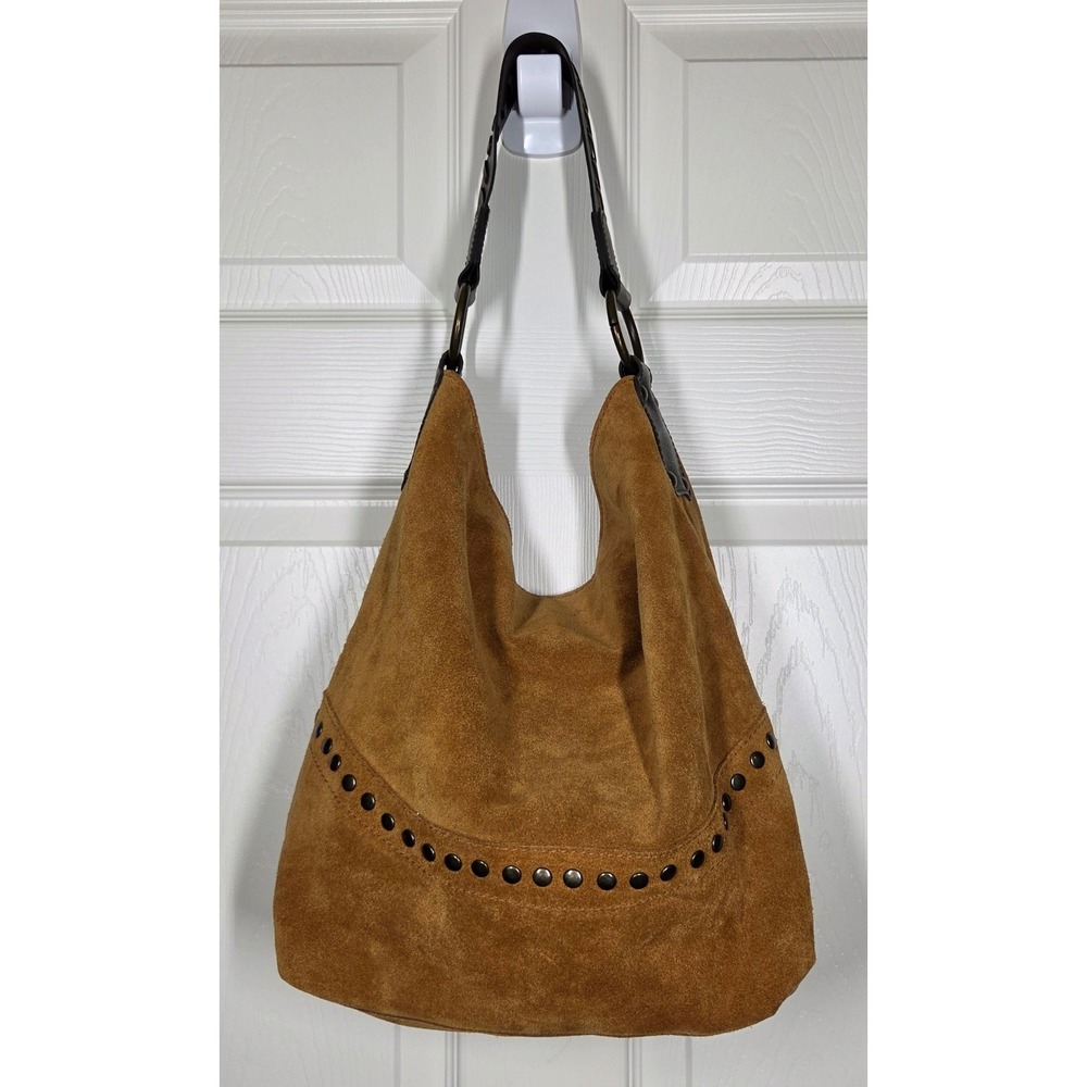 Maurizio Taiuti VTG Studded Suede Hobo Bag Tan Leather Y2K Made in Italy Boho